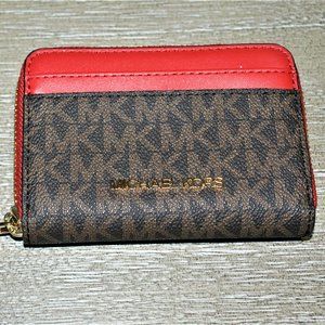 Michael Kors Jet Set Travel MK Signature Zip Card Case Wallet Brn/Red